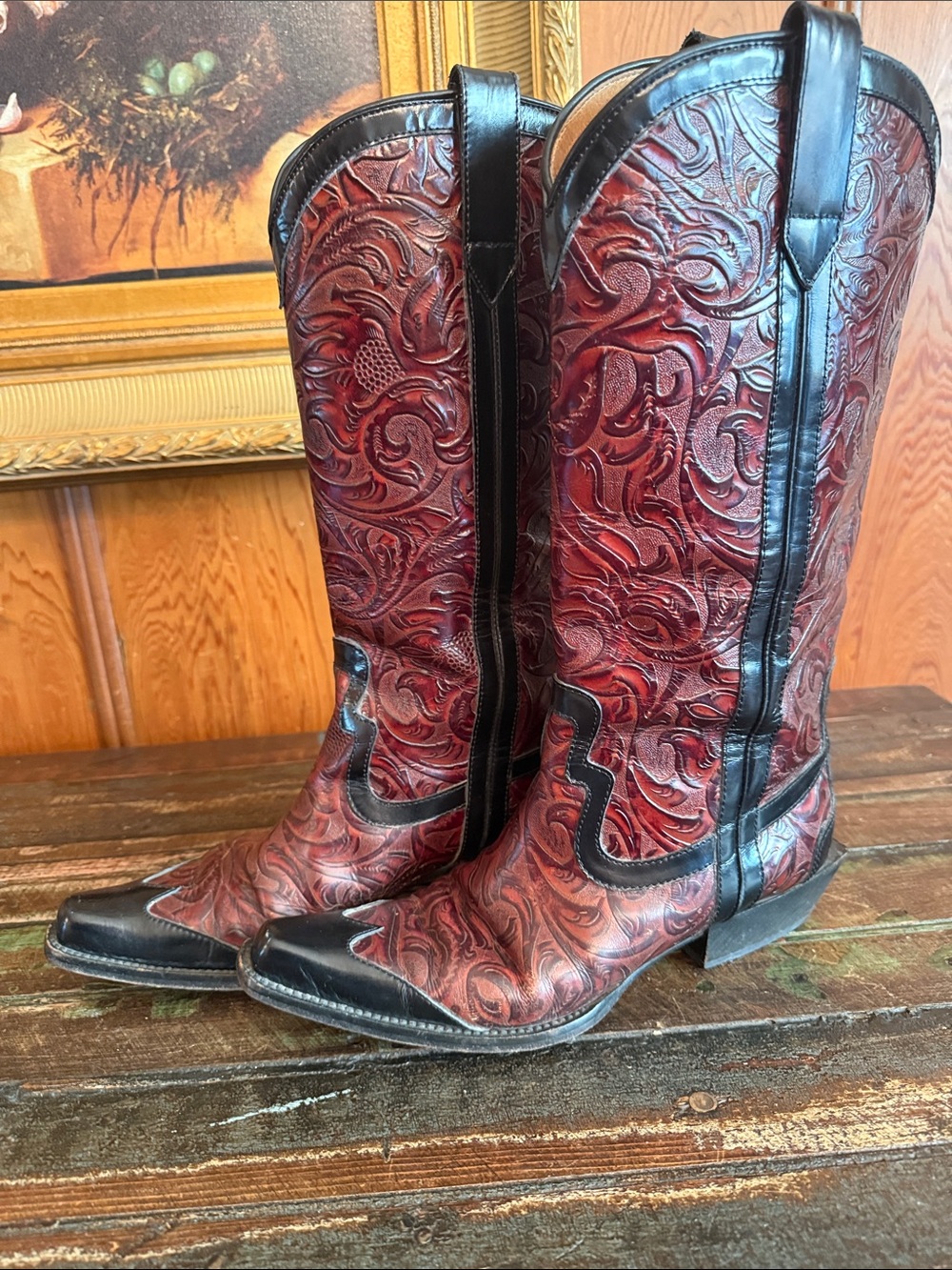 Donald J  Pliner Women's Embossed Chestnut Western Cowboy Boots